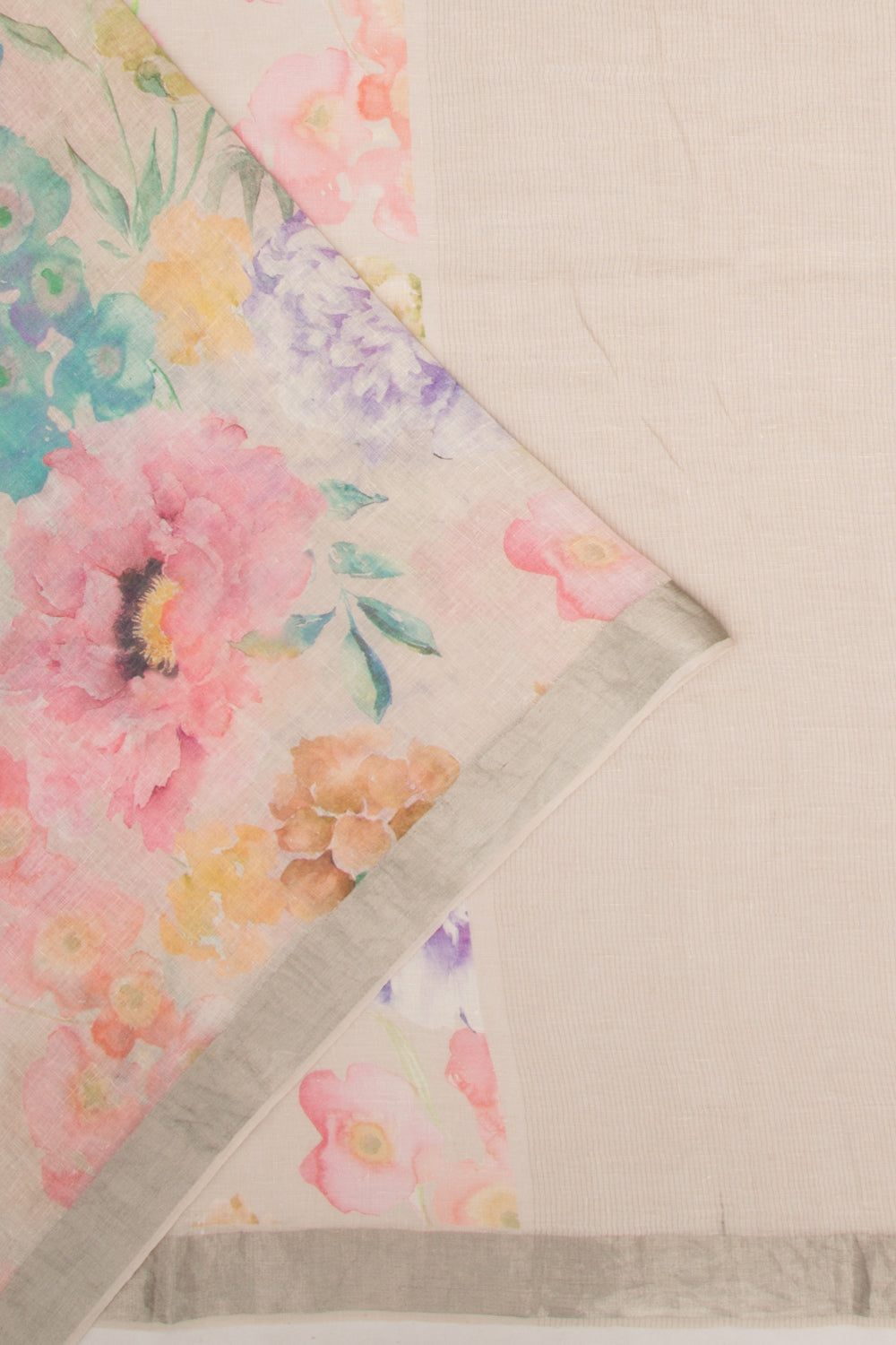 Linen Floral Printed Off White Saree