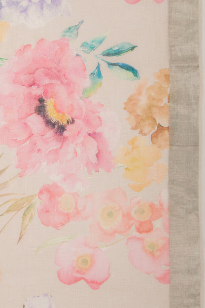 Linen Floral Printed Off White Saree