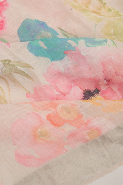 Linen Floral Printed Off White Saree