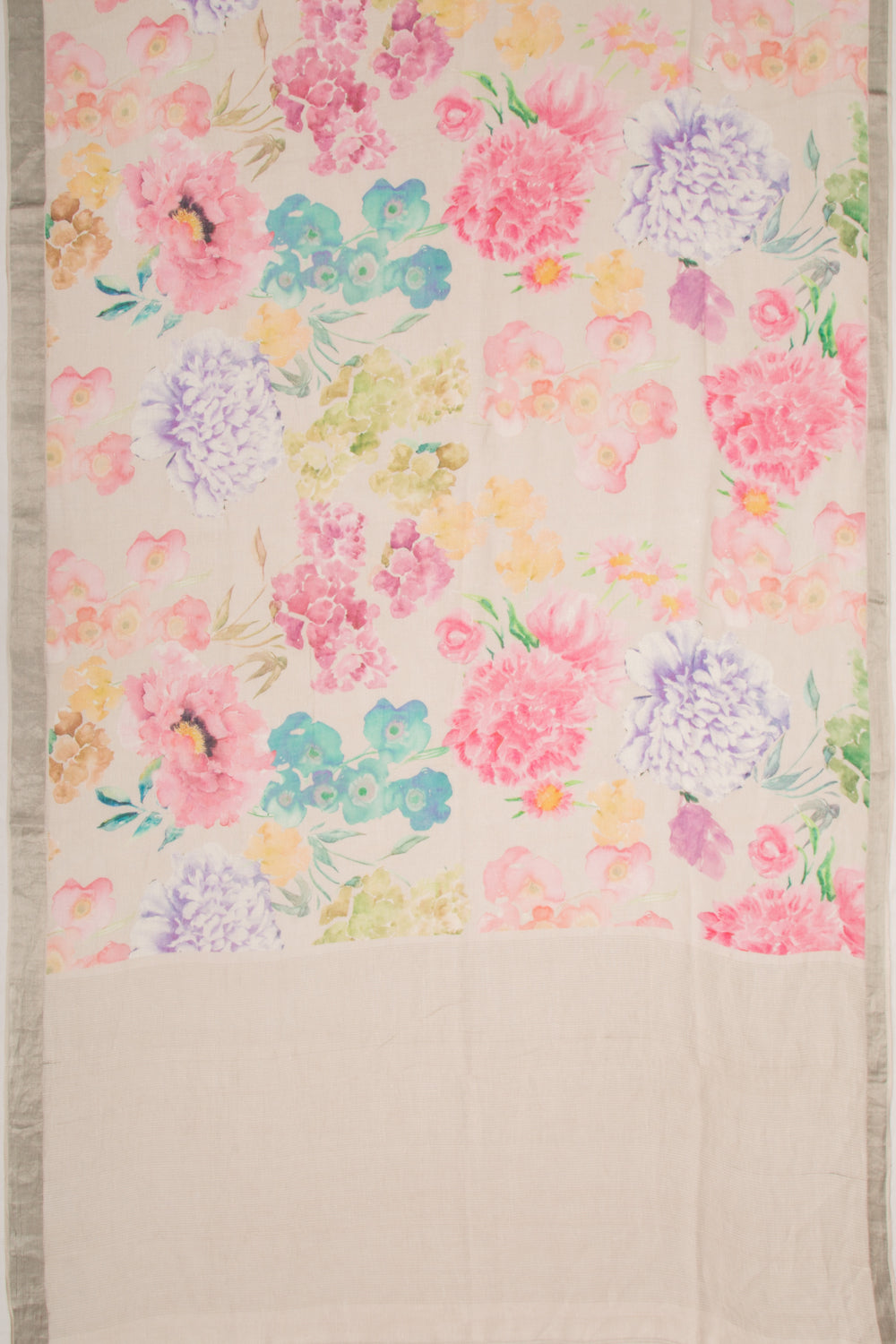 Linen Floral Printed Off White Saree