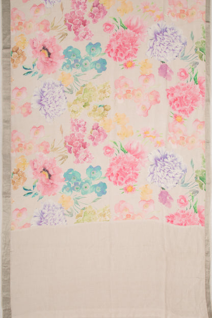 Linen Floral Printed Off White Saree