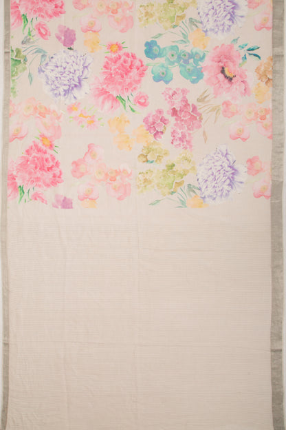 Linen Floral Printed Off White Saree