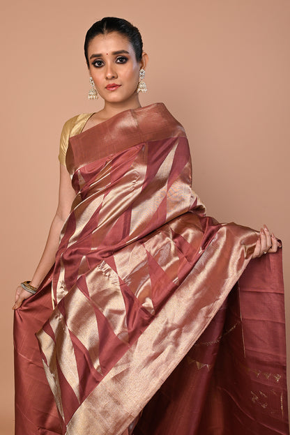 Kanchipuram Silk Geometrical Brocade Brown Saree