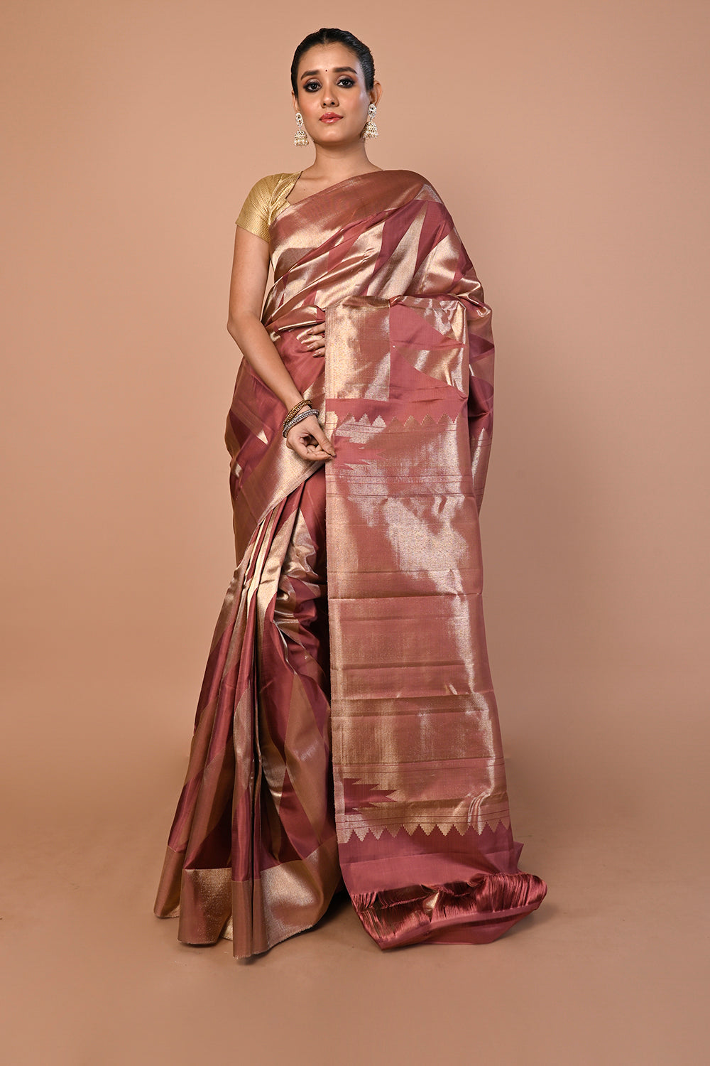 Kanchipuram Silk Geometrical Brocade Brown Saree