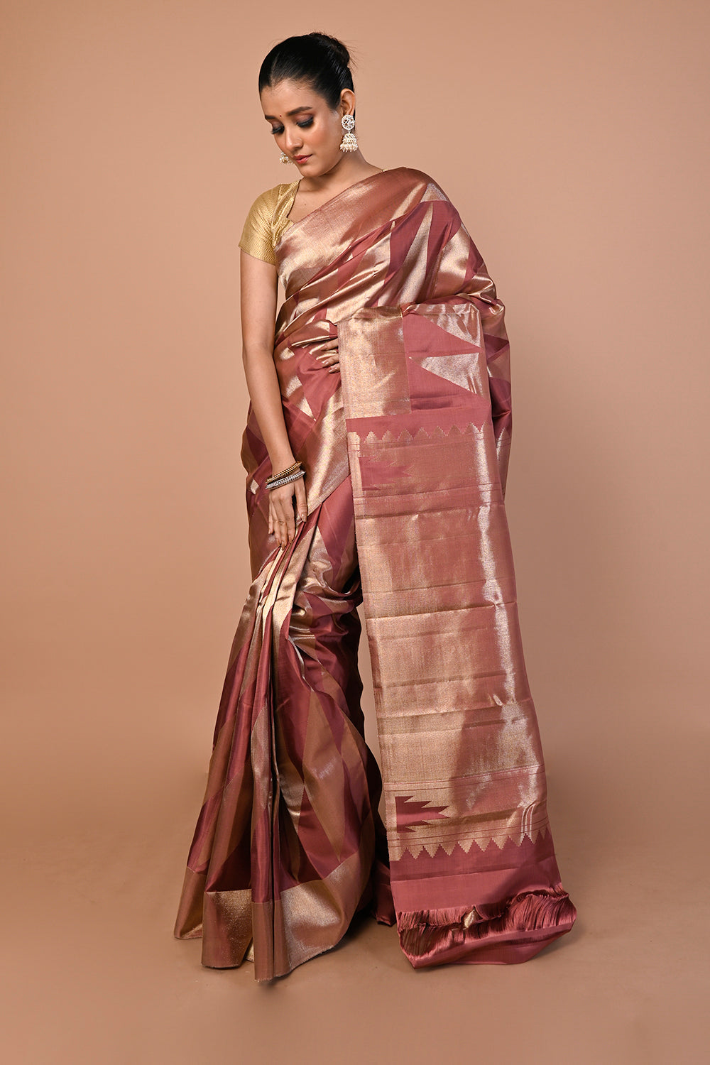 Kanchipuram Silk Geometrical Brocade Brown Saree