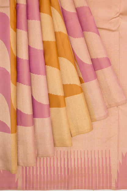 Kanchipuram Silk Tissue Brocade Pink And Mustard Yellow Saree