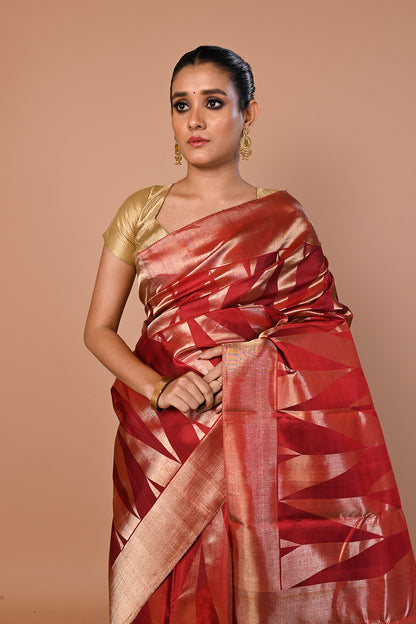 Kanchipuram Silk Geometrical Brocade Maroon Saree