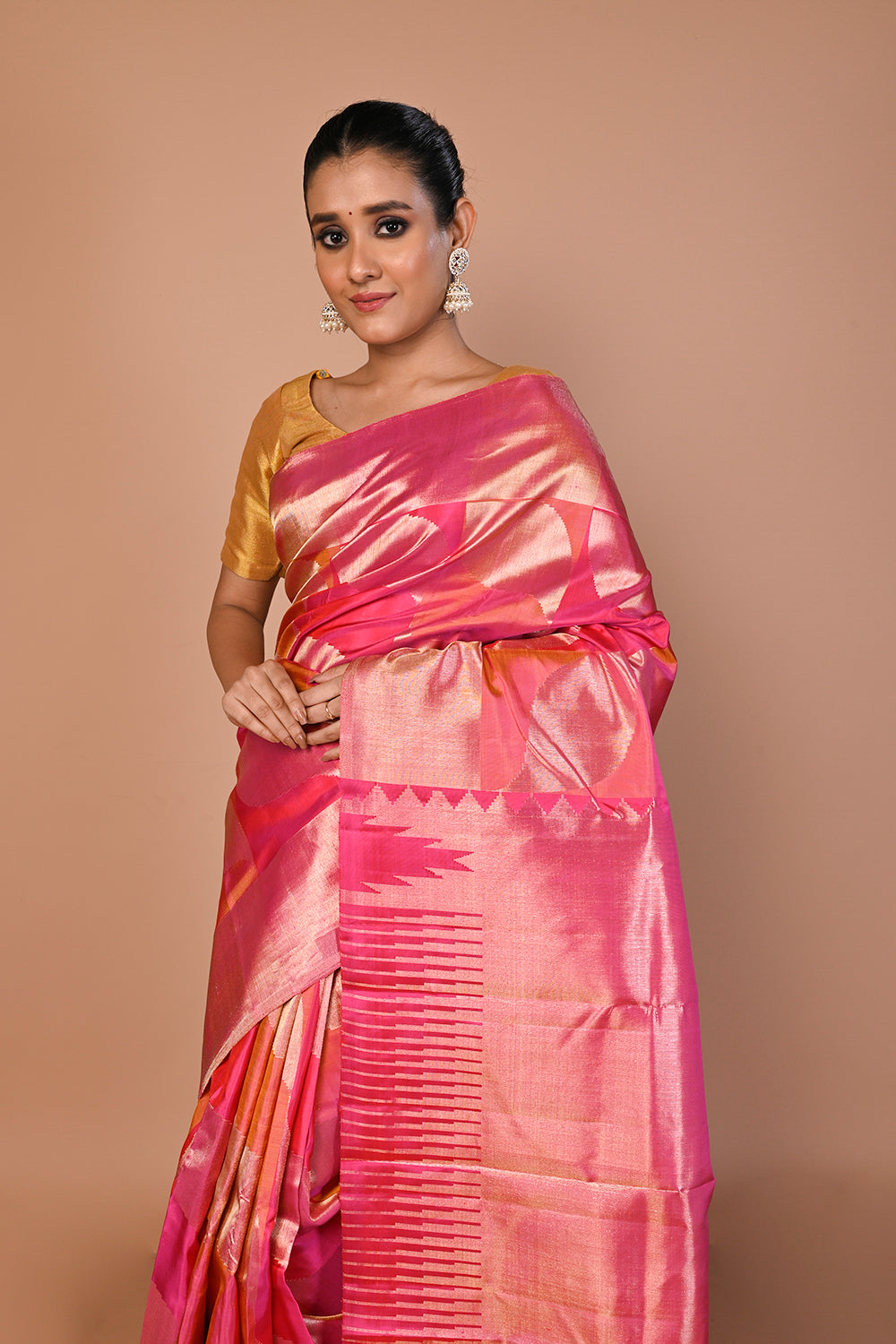 Kanchipuram Silk Geometrical Brocade Pink Saree