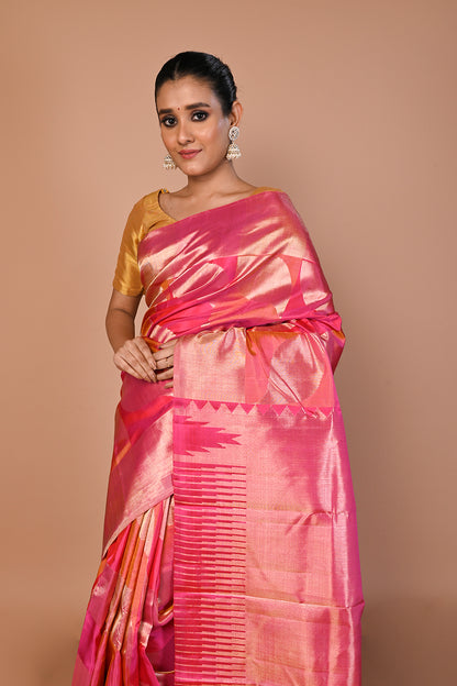 Kanchipuram Silk Geometrical Brocade Pink Saree