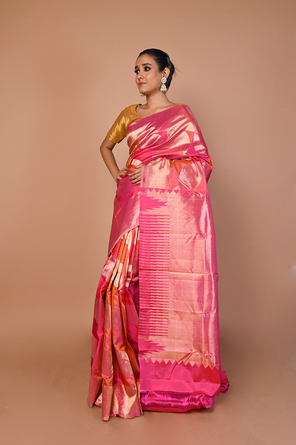 Kanchipuram Silk Geometrical Brocade Pink Saree
