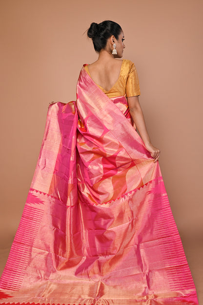 Kanchipuram Silk Geometrical Brocade Pink Saree