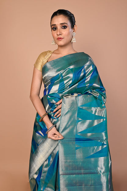 Kanchipuram Silk Geometrical Brocade Teal Blue Saree