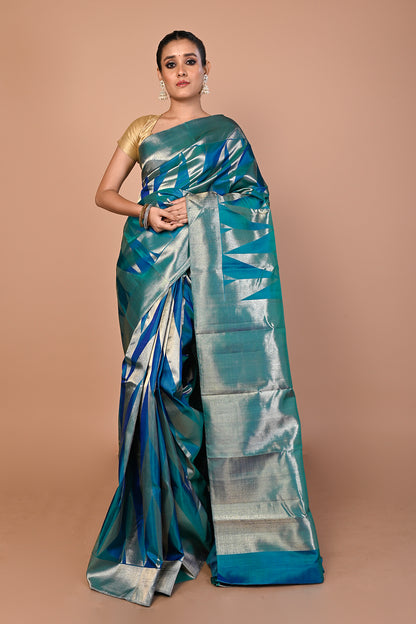 Kanchipuram Silk Geometrical Brocade Teal Blue Saree
