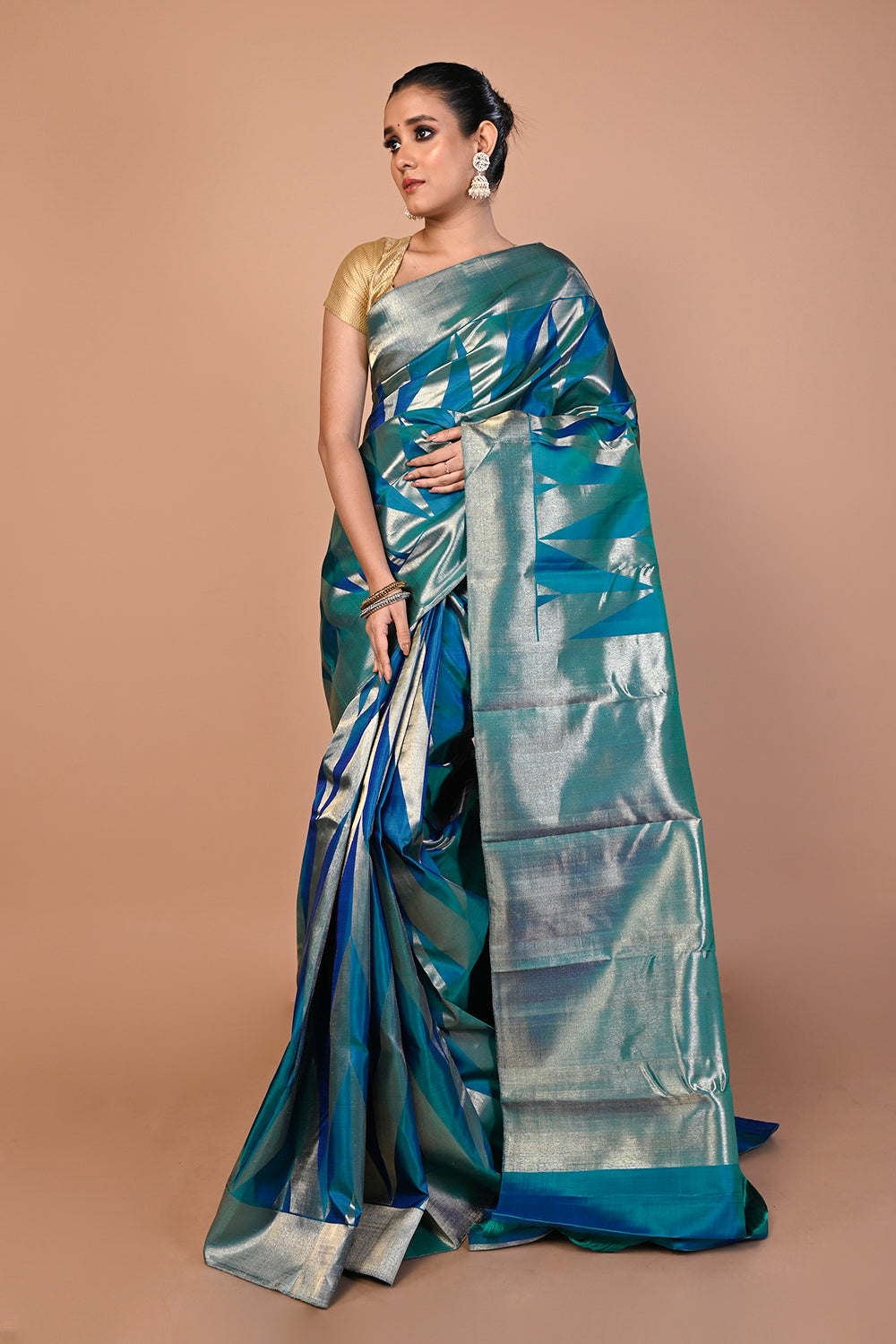 Kanchipuram Silk Geometrical Brocade Teal Blue Saree
