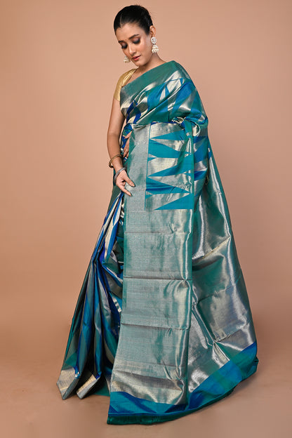Kanchipuram Silk Geometrical Brocade Teal Blue Saree