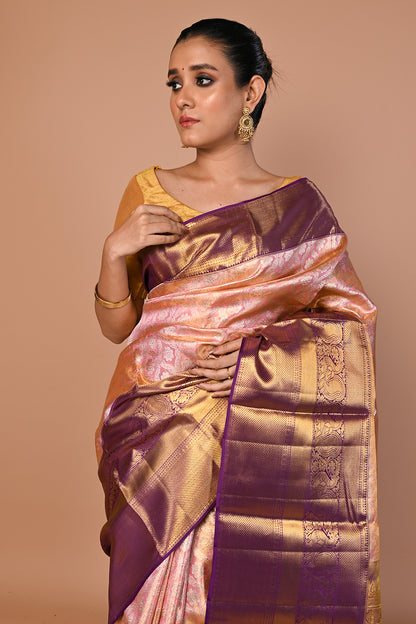 Kanchipuram Silk Tissue Brocade Baby Pink Saree