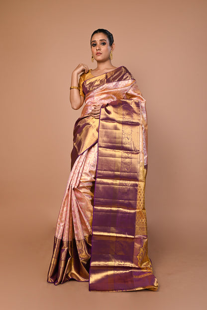 Kanchipuram Silk Tissue Brocade Baby Pink Saree