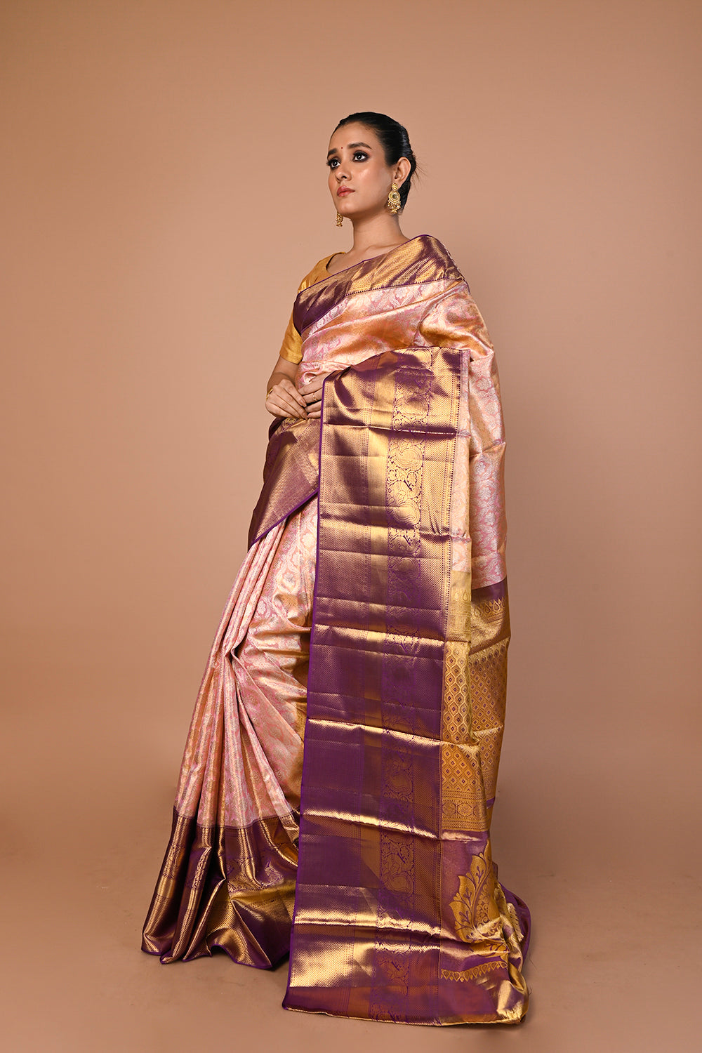 Kanchipuram Silk Tissue Brocade Baby Pink Saree