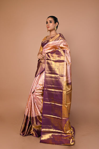 Kanchipuram Silk Tissue Brocade Baby Pink Saree