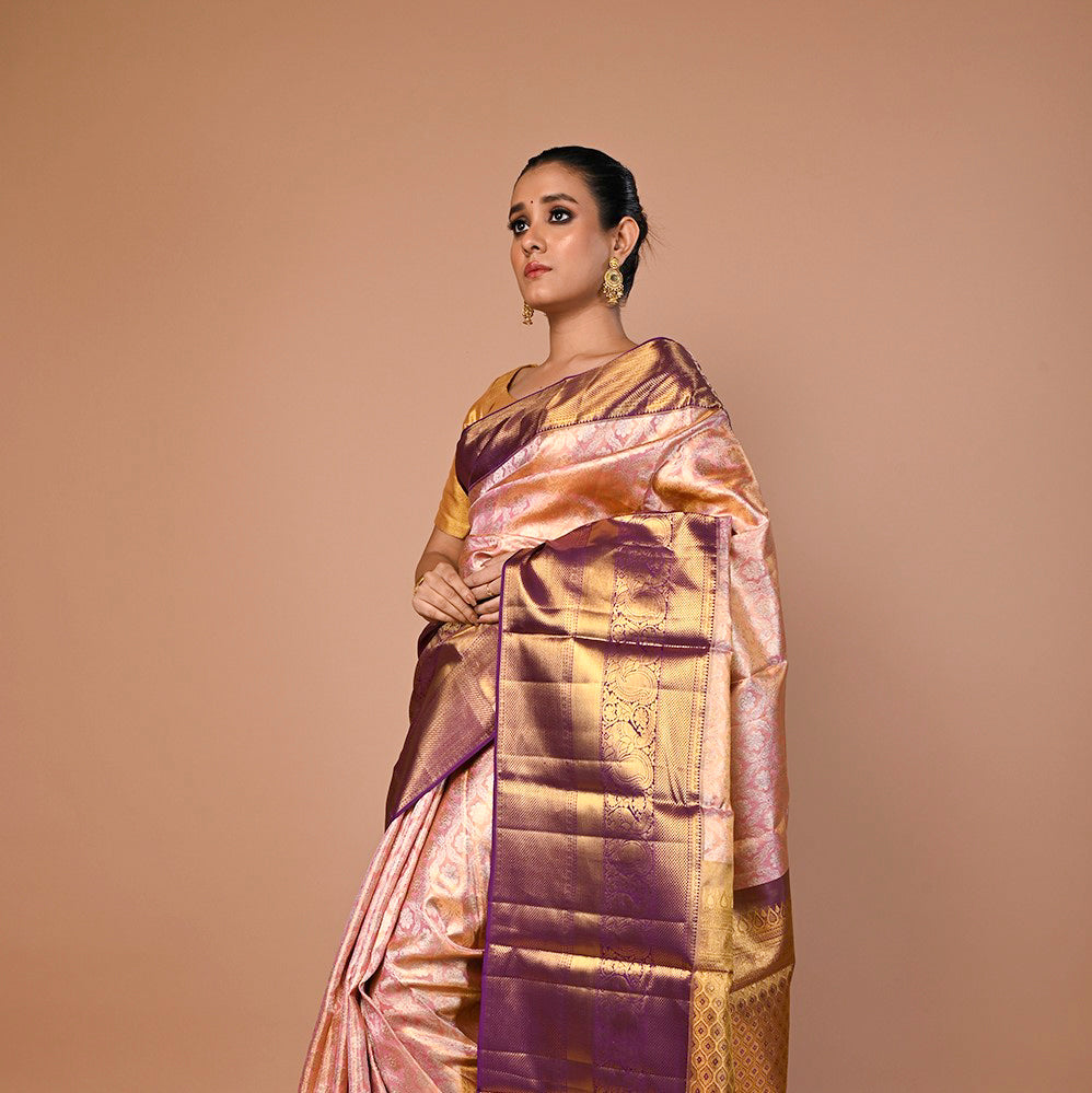 Kanchipuram Silk Tissue Brocade Baby Pink Saree