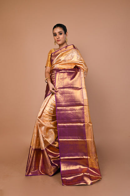 Kanchipuram Silk Tissue Brocade Gold Saree
