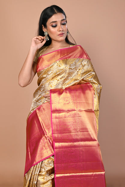 Kanchipuram Silk Tissue Jaal Gold Saree