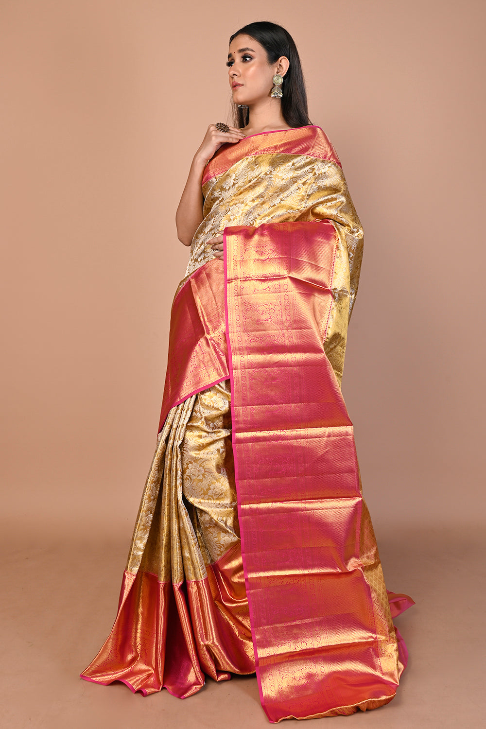 Kanchipuram Silk Tissue Jaal Gold Saree