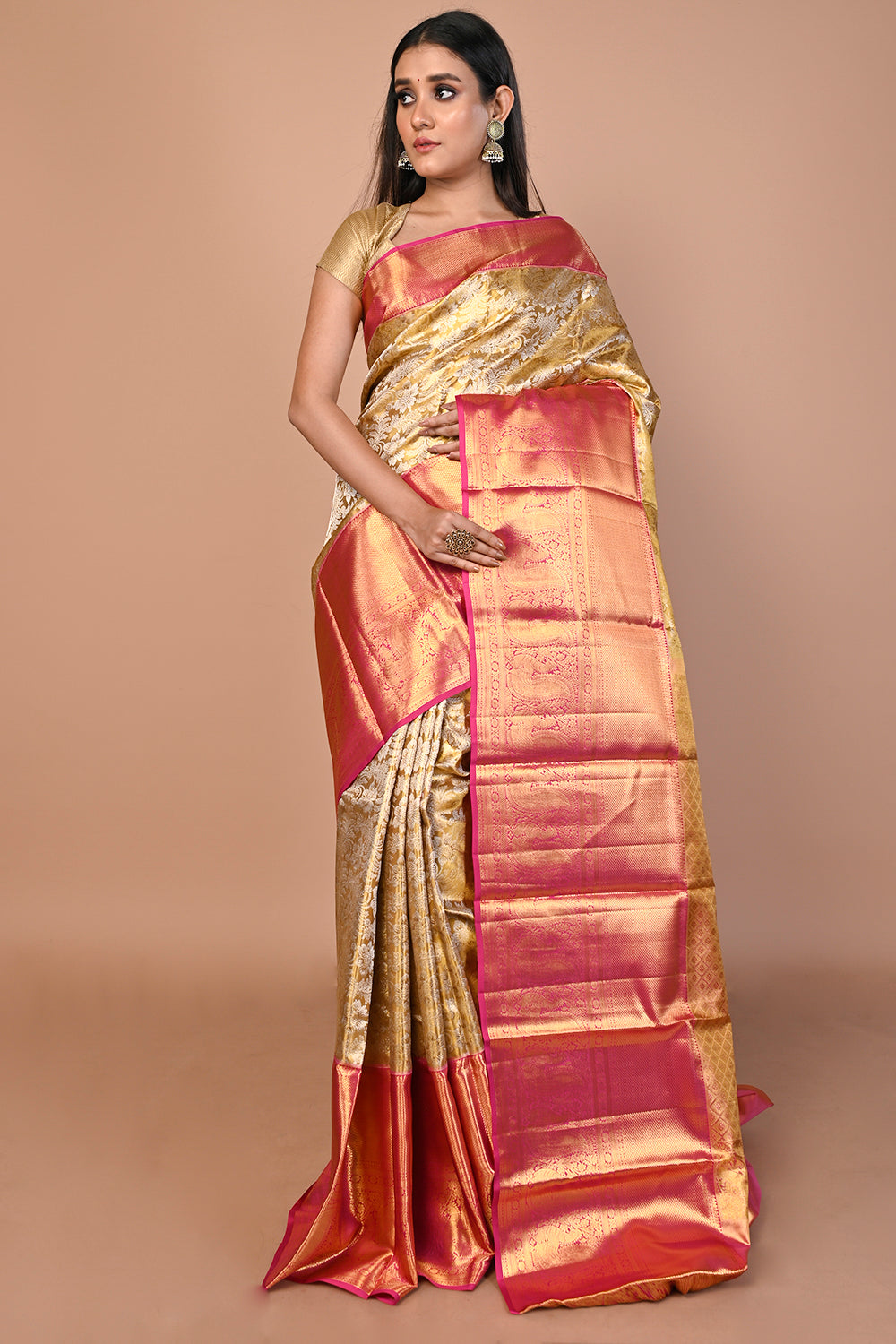 Kanchipuram Silk Tissue Jaal Gold Saree