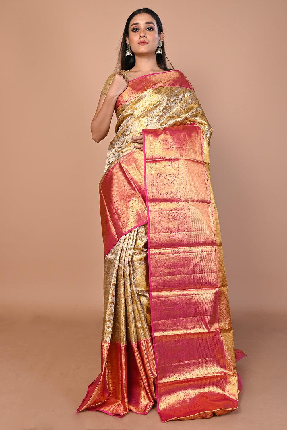 Kanchipuram Silk Tissue Jaal Gold Saree