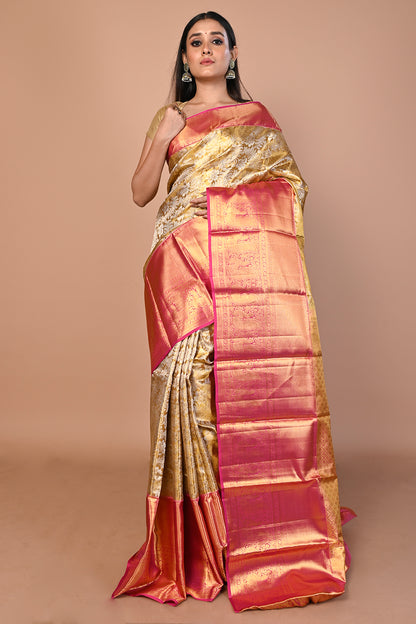 Kanchipuram Silk Tissue Jaal Gold Saree