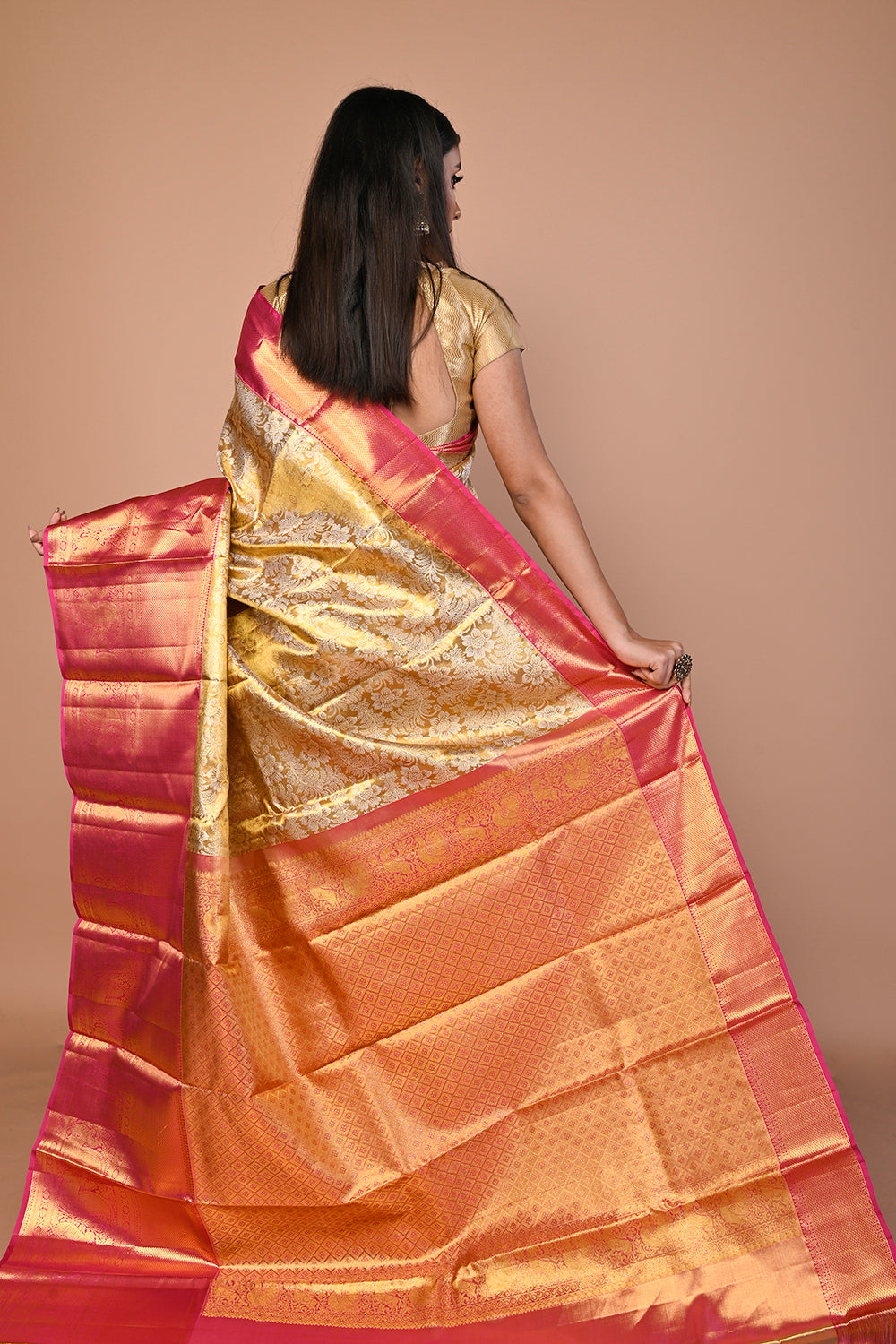 Kanchipuram Silk Tissue Jaal Gold Saree