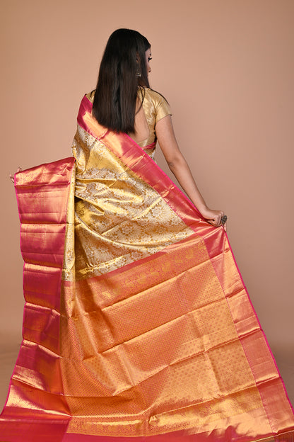 Kanchipuram Silk Tissue Jaal Gold Saree