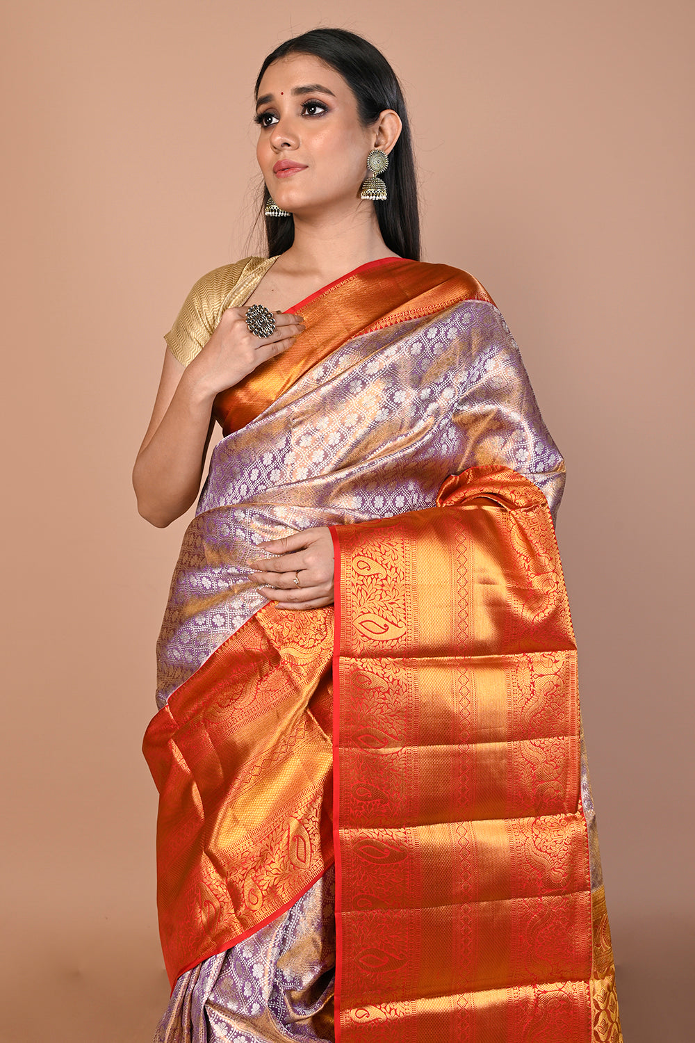 Kanchipuram Silk Tissue Brocade Lavender Saree