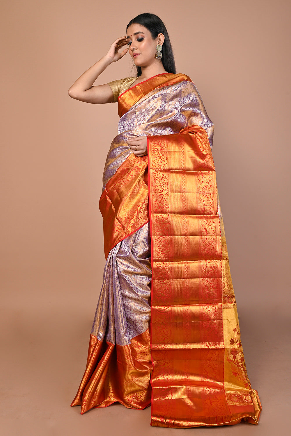 Kanchipuram Silk Tissue Brocade Lavender Saree