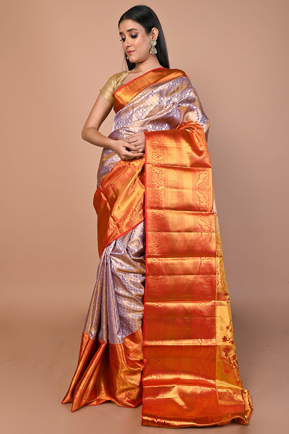 Kanchipuram Silk Tissue Brocade Lavender Saree