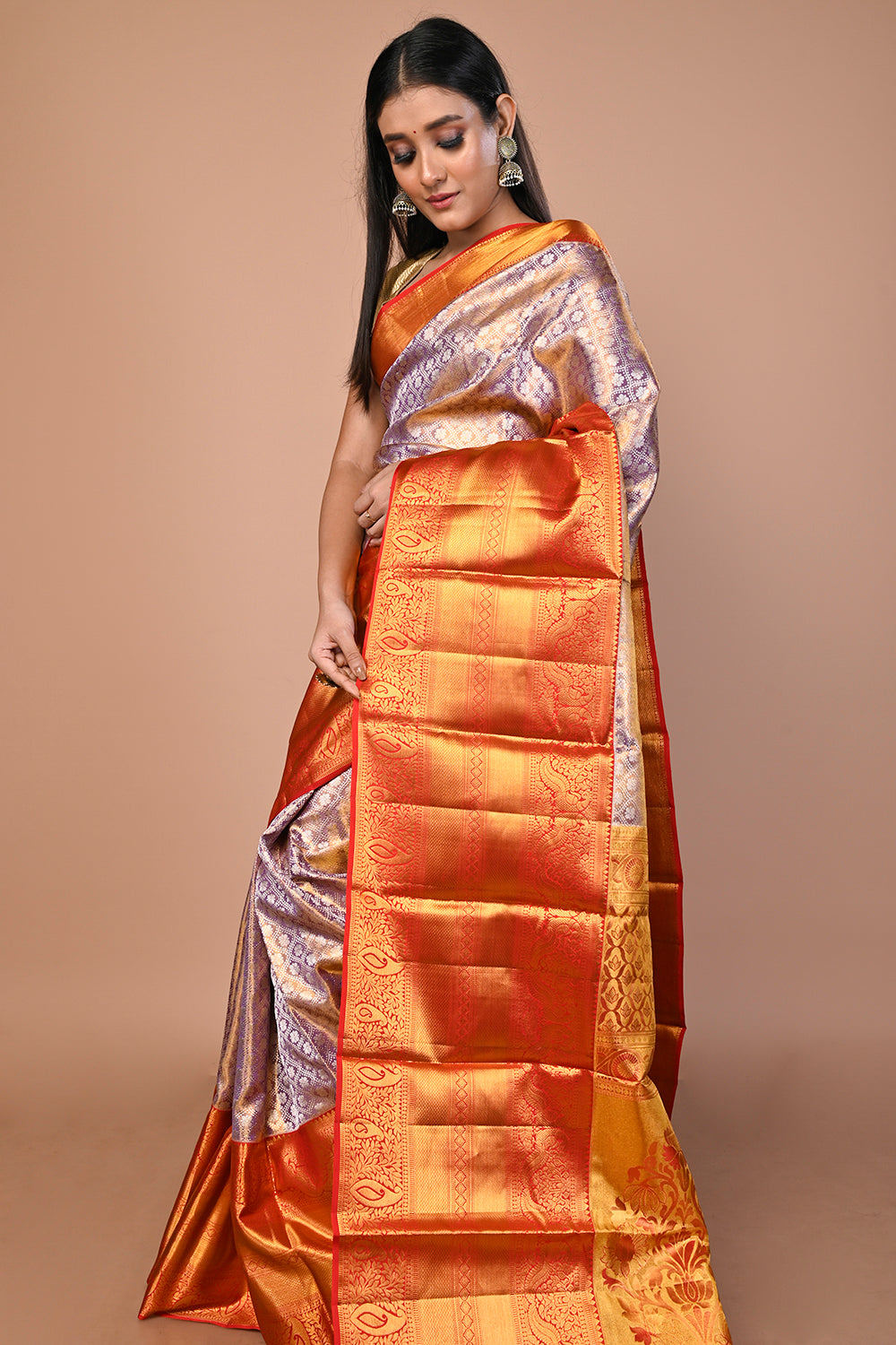 Kanchipuram Silk Tissue Brocade Lavender Saree