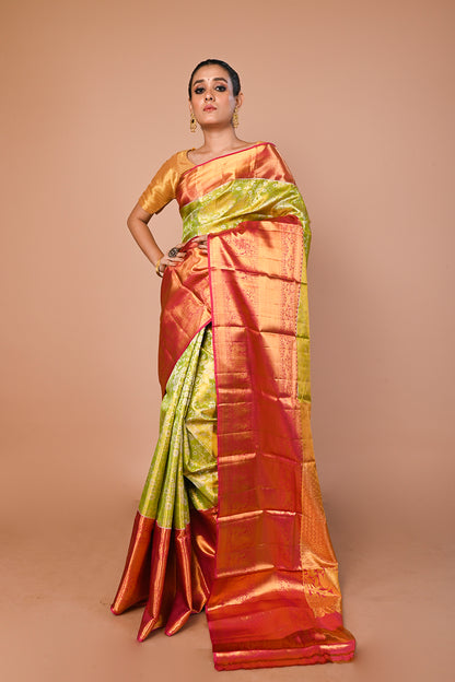 Kanchipuram Silk Tissue Jaal Green Saree