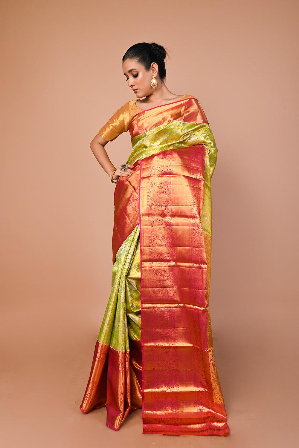 Kanchipuram Silk Tissue Jaal Green Saree