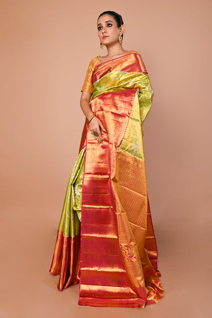 Kanchipuram Silk Tissue Jaal Green Saree