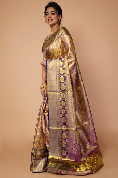 Kanchipuram Silk Tissue Jaal Gold Saree