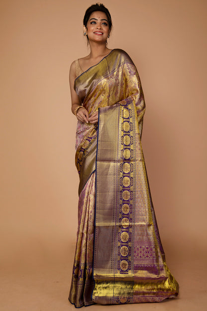 Kanchipuram Silk Tissue Jaal Gold Saree