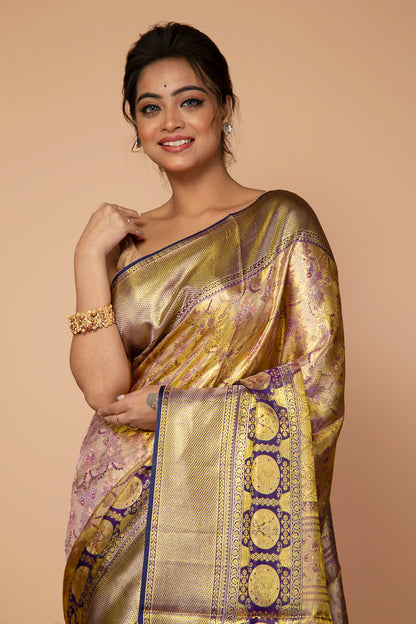 Kanchipuram Silk Tissue Jaal Gold Saree