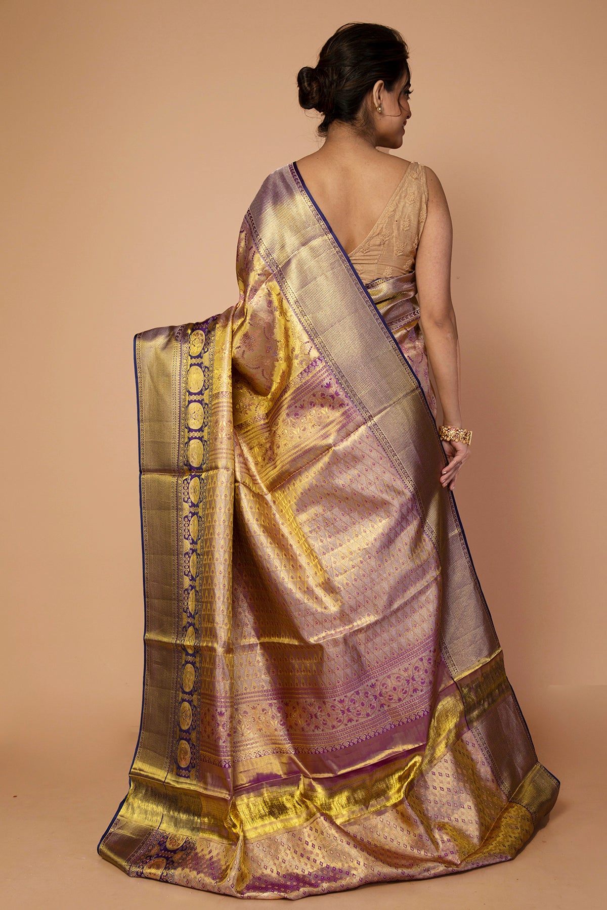 Kanchipuram Silk Tissue Jaal Gold Saree