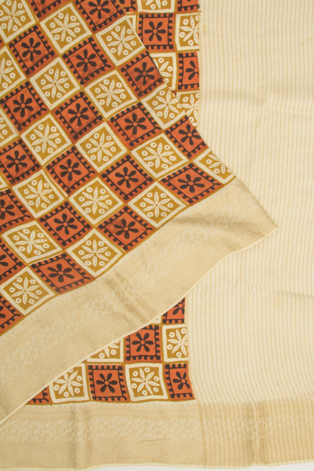 Chanderi Silk Batik Printed Green And Brown Saree