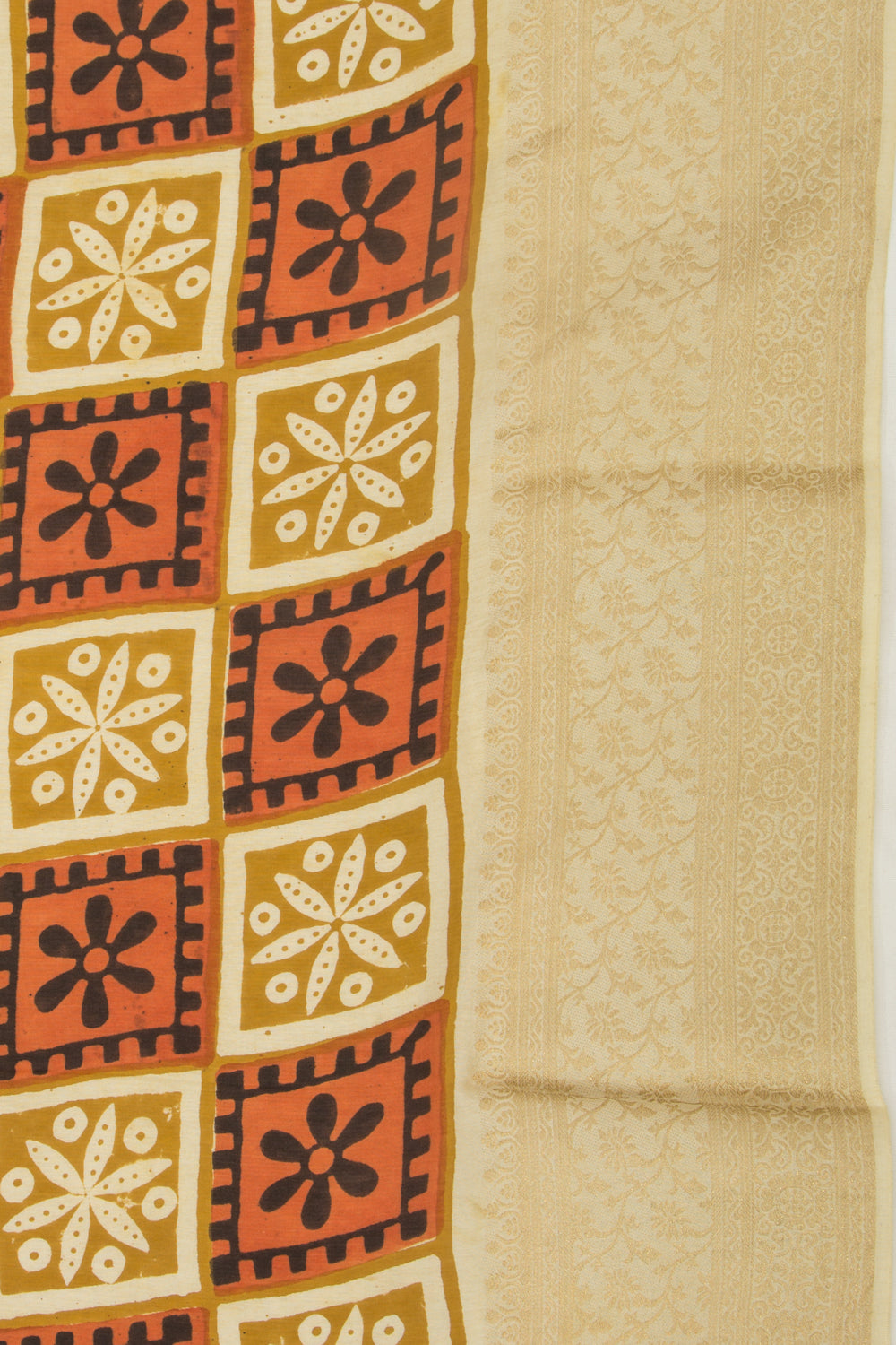 Chanderi Silk Batik Printed Green And Brown Saree