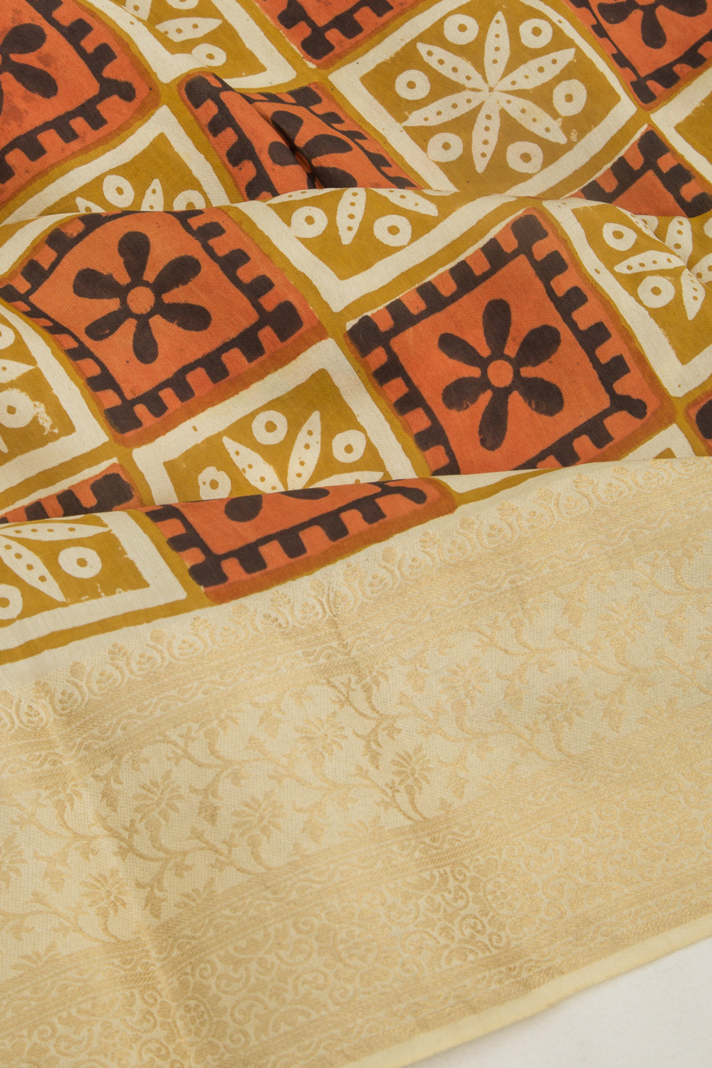 Chanderi Silk Batik Printed Green And Brown Saree