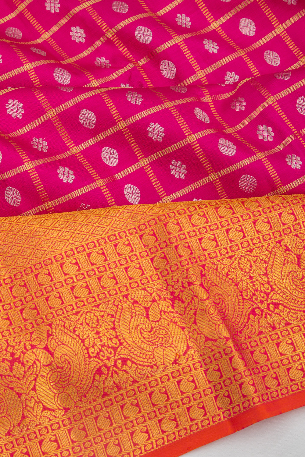 Kanchipuram Silk Checks And Butta Pink Saree