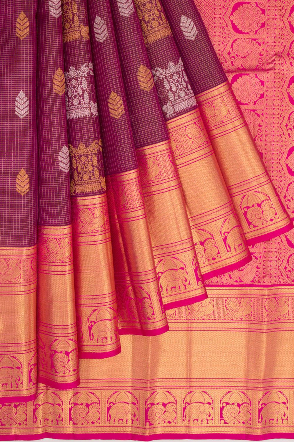 Kanchipuram Silk Checks And Butta Purple Saree