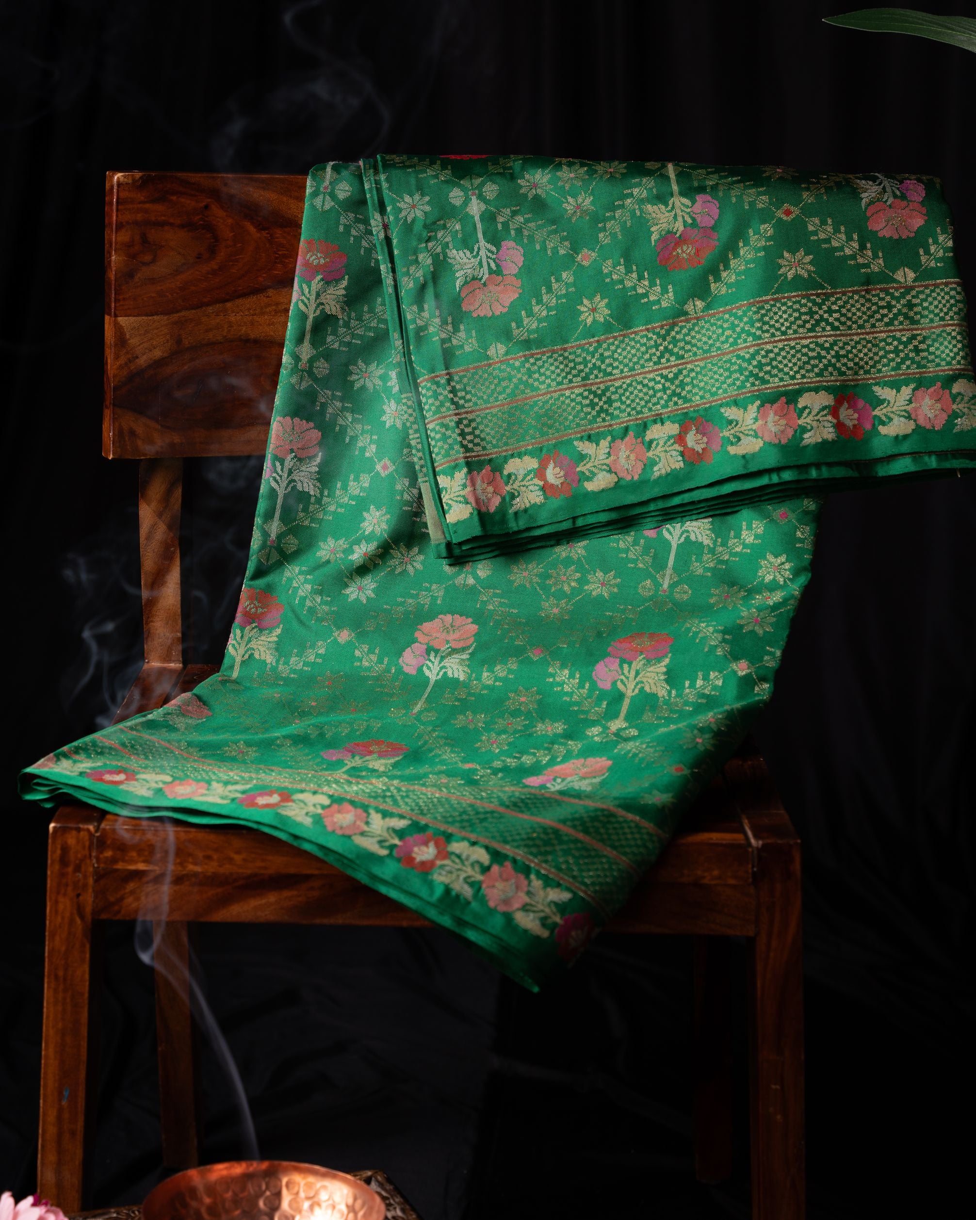 Banarasi Silk Jamdani Jaal Green Saree
