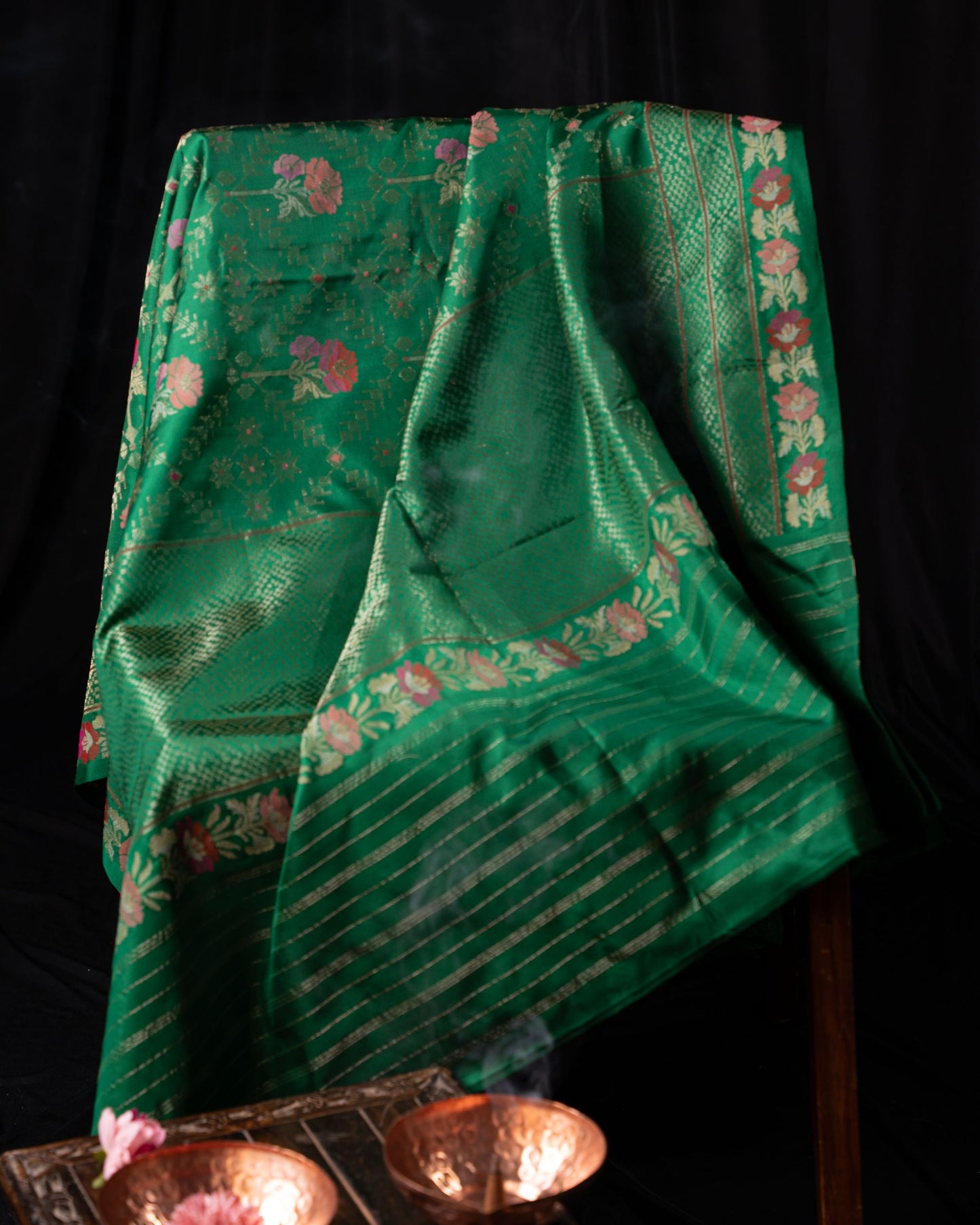 Banarasi Silk Jamdani Jaal Green Saree